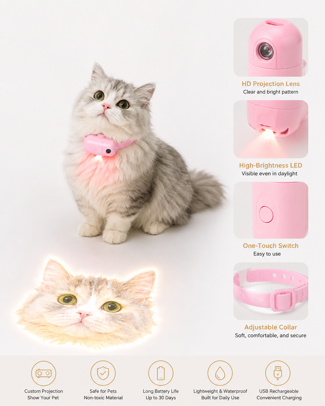 Pink MADA GlowTag pet projection device showing power button